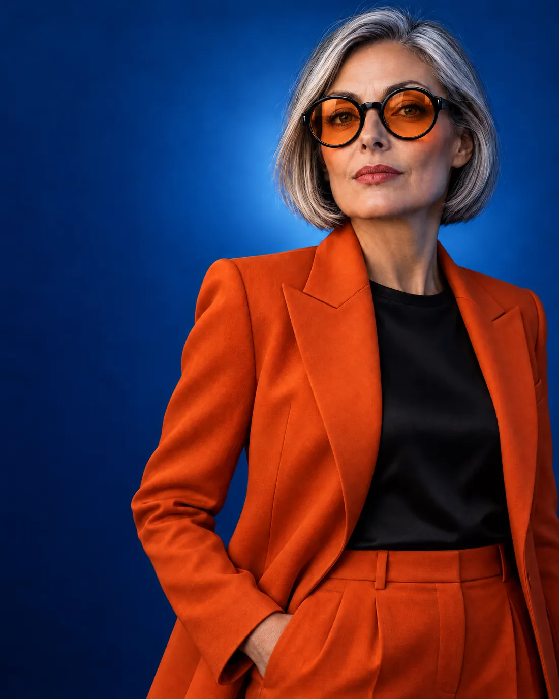 Accountant met zilvergrijs haar, ronde bril met oranje glazen en een oranje pak, tegen kobaltblauw